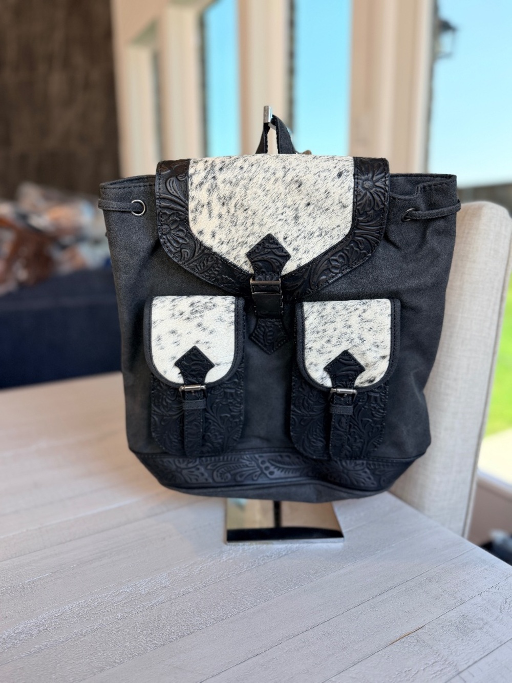 Trinity Ranch Genuine Hair-On Cowhide Tooled Backpack Black